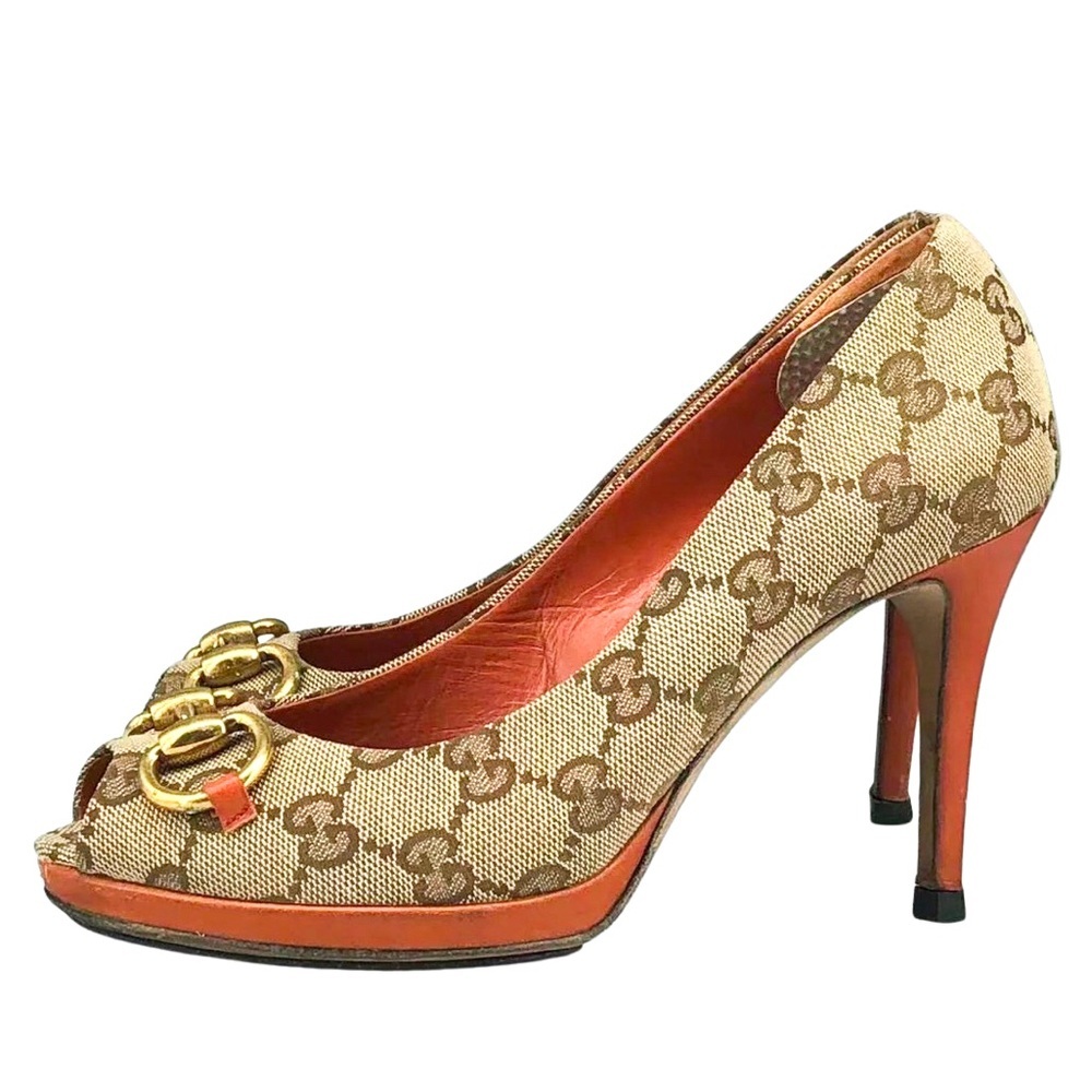 Gucci GG Canvas Horsebit Peep Toe Heels Pumps Size 36 - Picture 2 of 8